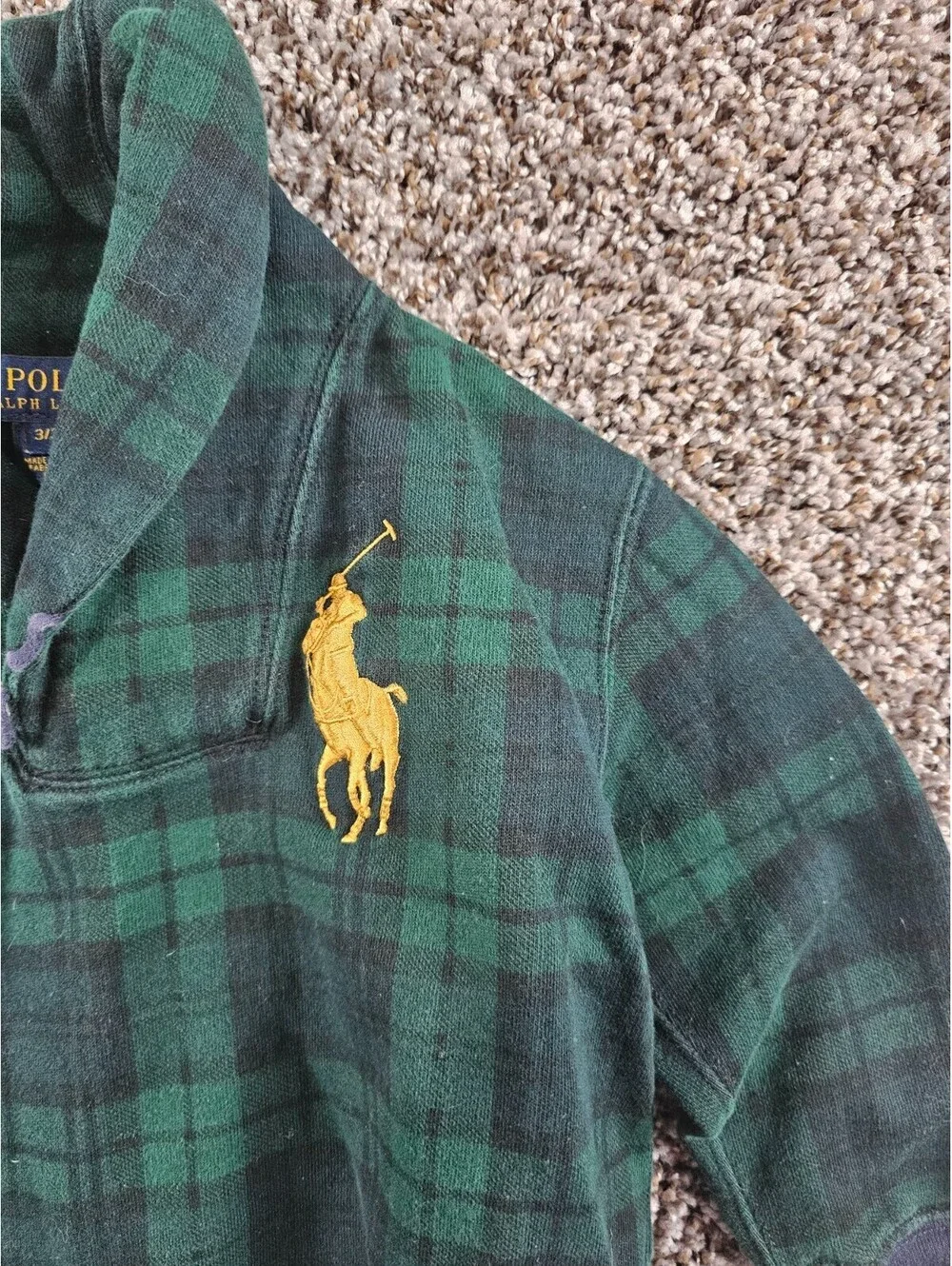 Polo Ralph Lauren boy's green tartan plaid fleece Sweater Sz 3T Green Blue